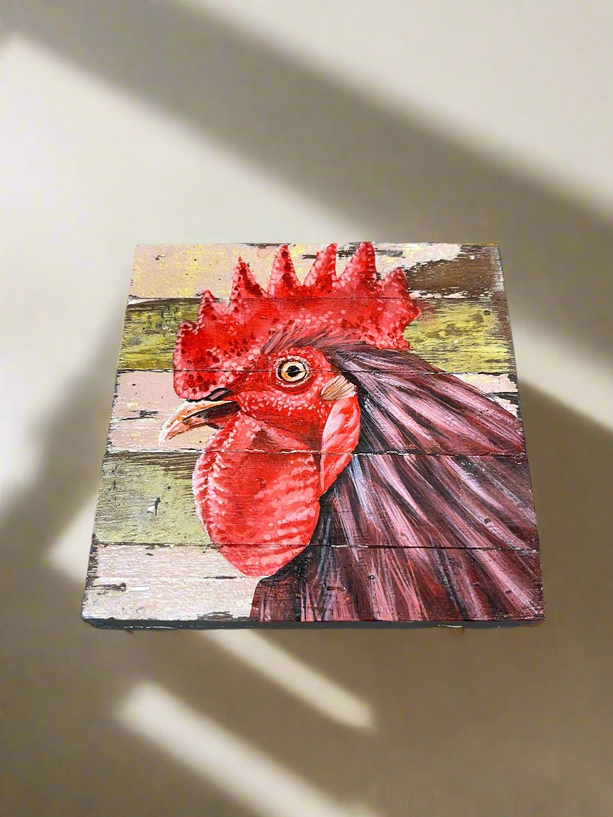 Painted Rooster Wood Art 12x12cm