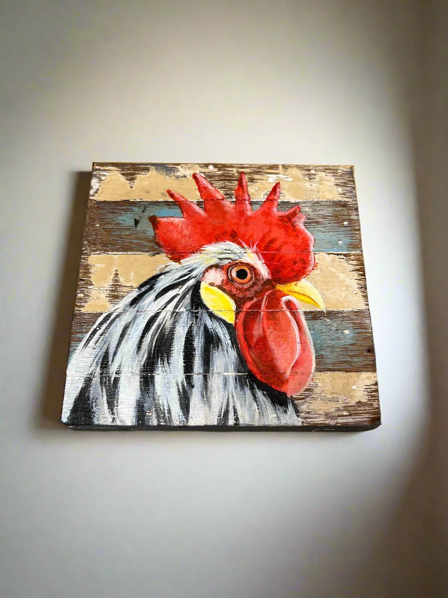 Painted Rooster Wood Art 12x12cm